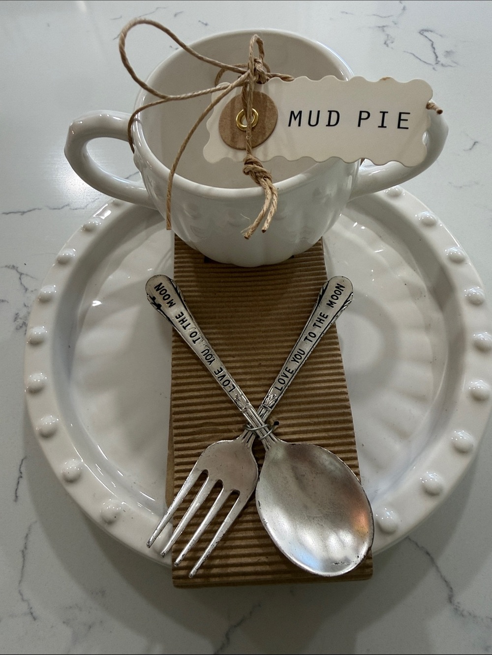Mud Pie White Beaded Ceramic Plate and Cup Set with Decorative Stamped Utensils